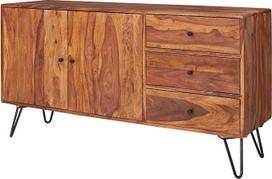 "FineBuy" Šešamo šoninė lentyna iš medžio masyvo 145 cm, 2 durys ir 3 stalčiai - kieta retro komoda Harlemo kojos - natūrali šoninė lentyna - rankų darbo pramoninė