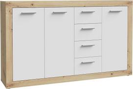 "Forte BACCIO" staliukas 150, modernus staliukas svetainei, miegamajam, 3 durys, 4 stalčiai, medžio medžiaga, amatininkų ąžuolo medienos apdaila, baltas, 152,6 cm pločio x 91,5 cm aukščio x 34 cm gylio