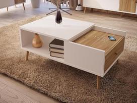 "Forte Harllson" lengvai surenkamas "EasyKlix" kavos staliukas baltas su medžio dekoru: Ąžuolinis svetainės staliukas su stalčiais, 106 cm pločio x 45 cm aukščio x 60 cm gylio, 106 cm pločio x 45 cm aukščio x 60 cm gylio, vidurio amžiaus stiliaus, "Mauvel