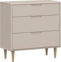 "Forte Sherbrooke Sideboard 90", modernus "Skandi" stilius, lengvas surinkimas "EasyKlix by Forte" dėka, 3 stalčiai, aukštos kojelės, medžio kompozitas, kašmyro smėlio spalvos, 89,9 cm pločio x 93 cm aukščio x 43 cm gylio