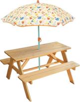 "Fun House" medinis pikniko stalas ir skėtis Vaisių dizainas vaikams | Stalas: Aukštis 53 x plotis 95 x gylis 75 cm, o skėčio aukštis 125 x Ø 100 cm | Maksimalus leistinas ilgis Svoris: 2 x 30 kg | Dovana vaikams