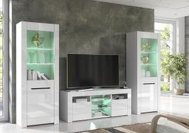 "Furneo MilanoW" - Hochglanz & Mattweiß Wohnzimmer-Set, TV-Ständer & Vitrinen, RGB (Mehrfarbig) LED Leuchten