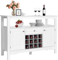 "GIANTEX Sideboard" virtuvės spintelė su vyno stovu, ant grindų stovinti spintelė, bufeto spintelė, vyno spintelė su stalčiais ir 2 spintelėmis, virtuvės komoda, medinė šoninė spintelė, sandėliavimo spintelė (balta)