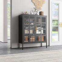 "Glasgow Highboard" juoda stiklinė vitrina Metalinė šoninė spintelė gyvenamajam kambariui, biurui, valgomajam su pramoninio stiliaus stiklinėmis durimis D x Š x V 90 x 35 x 110 cm, skirta knygoms ir dekoracijoms