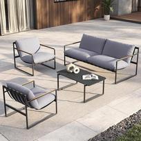 "Grand patio" sodo baldų komplektas iš 4 dalių, balkono baldų komplektas 4 asmenims su pagalvėlėmis, lauko poilsio baldai su sodo sofa, 2 foteliai, stalas, terasos baldai, sėdimųjų vietų komplektas, sodo, lauko, vidaus baldai (pilka)