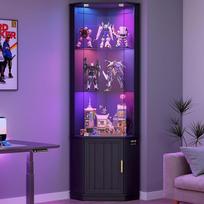 "Gurexl" 175 cm stiklinė vitrina su 24 RGB apšvietimu ir išmaniaisiais jutikliais, stovinti kampinė vitrina su 3 reguliuojamomis stiklinėmis lentynomis, svetainės spintelės su LED, skirta trofėjams, figūroms, įdomybėms, juoda