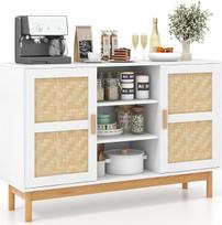"GOPLUS Sideboard" virtuvės spintelė, virtuvės spintelė su 2 rotango durelėmis ir atviromis lentynomis / stalčiais, bufetinė spintelė su medžio masyvo kojelėmis, sandėliavimo spintelė, virtuvės komoda (120 x 35 x 78 cm)
