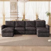 "Guyii" tamsiai pilkos spalvos modulinė sofa, kampinė sofa su miego funkcija - patogios sofos ir kušetės svetainei, universali sofa-lova su minkštu audiniu (6 sėdimos vietos (4 sėdimos vietos ir 2 pufai))