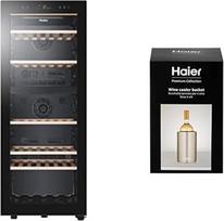 "Haier HWS79GDG" vyno šaldytuvas + "Premium" terminis vyno aušintuvas / 79 buteliai / 127 cm aukštis / "hOn" programa / 2 zonos / UV spinduliams nepralaidus stiklo skydelis / antivibracinis kompresorius / LED apšvietimas / juoda