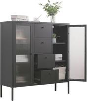"Highboard Paris" juodos spalvos šoninė spintelė Svetainės spintelė Metalinė spintelė Lentyna ir stiklinės durys Komoda knygoms ir dekoracijoms D x Š x V apie 105 x 35 x 110 cm