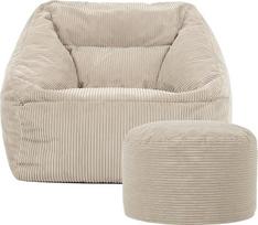 "Icon Natalia Bean Bag" kėdė su taburete suaugusiesiems, smėlio spalvos, pūkuotas velvetinis audinys, milžiniškas pupelių maišas su užpildu, pupelių maišo kėdė, patogi kėdė svetainei, poilsio kambariui, miegamajam, biurui