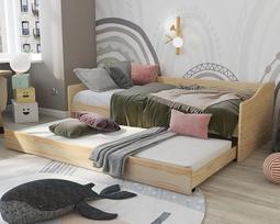 "Inter Link" - Funkcinė lova - Vaikiška lova - Viengulė lova - Sofa lova - Su daiktadėže - Lovos stalčius - Su stalčiumi - Su skersiniu rėmu - Pušies masyvo mediena - Natūrali - Leonie 23-90 x 200 cm