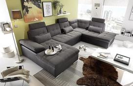 "Jakarta" apželdintas U formos interjeras, medžiaginis užvalkalas, juoda / lava, ištraukiama sofa su miego funkcija ir lovos stalčiumi