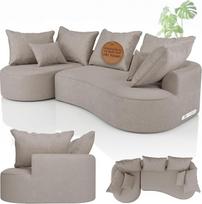 "Juskys Tirano" sofa - aksominė smėlio spalvos, kampinė L formos sofa, su atlošu ir dekoratyvine pagalvėle, 4 sėdimų vietų kampinė sofa, putplastis - kairėje pusėje esantis otomanas