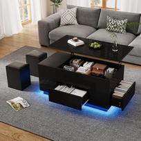 "Kebnor" kavos staliukas "4 viename", reguliuojamo aukščio sofos staliukas su LED, kavos staliukas su 2 stalčiais, blizgus staliukas su sofa ir 2 taburetėmis, šoninis staliukas su paslėpta laikymo vieta, iki 50 kg apkrovos (juodas)