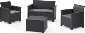 "Keter Emma Lounge Set" 8 dalių grafitinės spalvos, 2 foteliai + 2 sėdimos vietos sofa + 1 stalas su skrynios funkcija + 4 sėdynių pagalvėlės