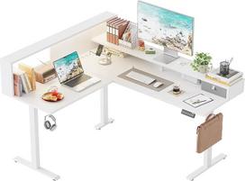 "Klicelor" reguliuojamo aukščio L formos rašomasis stalas su stalčiais, 160 x 140 cm kampinis rašomasis stalas su monitoriaus stovu, sėdimasis kompiuterio stalas su kištukiniais lizdais ir šviesos juosta, baltos spalvos