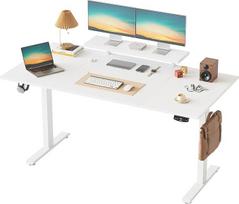 "Klicelor" Reguliuojamo aukščio stalas su kilnojamu monitoriaus stovu, 160 x 80 cm, sėdimasis stalas su 2 atminties mygtukais, 4 dalių stalviršis, kompiuterio stalas, baltos spalvos