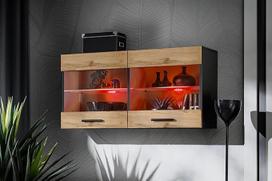 "Komodee", "Savona" vitrina, Wotan/juoda, plotis 100 cm x aukštis 50 cm x gylis 30 cm, LED RGB, 2 stiklinės lentynos, 2 durys, skirta svetainei, virtuvei