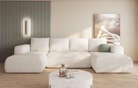 "Lami" kreminė kampinė U formos sofa 338 x 89 x 164 cm su miego funkcija ir daiktadėže - sofa-lova su lovos dėže - modernūs svetainės baldai - audinys: Boucle 08