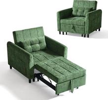 "LINSY HOME" 3-in-1 miegamasis krėslas, 1 sėdima sofa su miego funkcija, mažas šenilinis fotelis su pagalvėle ir šonine kišenėle mažam butui - miegamoji zona 74 x 190 cm (žalia)