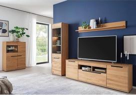 "Lomadox" namų baldų komplektas iš dalies iš ąžuolo masyvo, modernus, 4 dalių, 1 aukštoji lentyna, 1 vitrina, 1 sieninė lentyna, 1 žemoji lentyna, LED apšvietimas - medžio masyvas / natūrali mediena / fanera