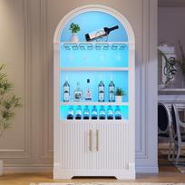 "LVSOMT LED Arch Wine Cabinet Wood", 180 cm baro spintelė, moderni, 3 spalvų šviesa, 4 eilių raudono vyno stiklo lentyna, 2 durų spintelės, virtuvės, valgomojo, svetainės vyno spintelės, baltos spalvos