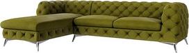 "Maria" kampinė sofa 5 vietų "Chesterfield" kampinė sofa svetainei su chromuotomis kojelėmis Laisvai pastatoma minkštasuolių sofa Kairė alyviai žalia 305 x 200 x 73 cm
