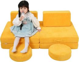 "MeMoreCool" vaikiška sofa, pagaminta iš velveto, putplasčio minkštų statybinių blokų sofa, modulinė žaidimų sofa, įdomi vaikų kambario žaidimų aikštelė, mielas kampelis, idealiai tinkantis vaikams, geltonos spalvos