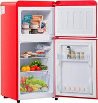 "Merax Retro Fridge Red" 60 l šaldytuvas-šaldiklis, mini šaldytuvas su 22 l šaldikliu, dviejų durų laisvai pastatomas šaldytuvas, 7 temperatūros lygiai, LED apšvietimas, 45,5 x 88,8 cm - antikvarinės raudonos spalvos