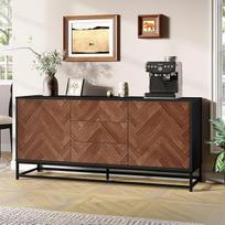 "Merax Sideboard" virtuvės spintelė, komoda su 2 spintelėmis, 3 stalčiais, reguliuojama lentyna, "Country House" stiliaus bufetinė spintelė, universali spintelė svetainei, valgomajam, 145 cm, tamsaus medžio spalva ir juoda spalva