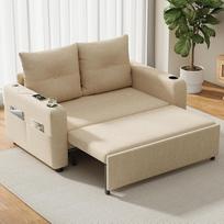 "Merax" dvivietė sofa-lova, 131 x 187 x 94 cm, maža sofa su miego funkcija, sulankstoma sofa-lova "3 viename", išskleidžiama, su gėrimų laikikliu, USB jungtimi ir šoninėmis kišenėmis, lininio audinio sofa-lova, smėlio spalvos
