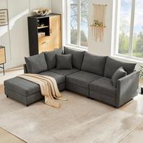 "Merax" kampinė modulinė 5 vietų sofa su daugiafunkciniu kojūgaliais (L/U formos), kvėpuojantis medvilninio lino derinys, modernus vertikalių dryžių dizainas, aukščiausios kokybės komfortas, taupo erdvę ir yra išskleidžiama, pilka