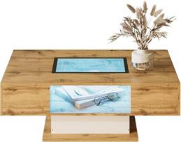 "Merax" kavos staliukas 110 x 60 x 39,7 cm su LED apšvietimu, stiklinis stalviršis, 2 stalčiai, staliukas su LED šviesos diodų spalvos keitimu, atviras laikymo skyrius, modernus dizainas, medžio spalva ir balta spalva