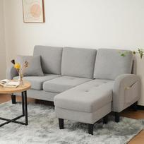 "Merax" kampinė sofa su 3 sėdimomis vietomis, šezlongu ir plastikinėmis kojomis, L formos kampinė sofa iš medvilninio lino audinio, maža sofa svetainei / butui, 166 x 118 x 77 cm, pilka