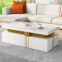 "Merax" kavos staliukas, blizgus svetainės staliukas su 2 stalčiais, modernus stačiakampis kavos staliukas, sofos staliukas, šoninis staliukas, marmurinis stalviršis, centrinis staliukas su daiktadėžėmis, 100 x 50 x 40 cm, baltos spalvos