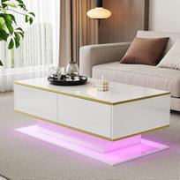 "Merax" LED kavos staliukas, blizgus, aukso spalvos, modernus svetainės staliukas 100 x 50 x 40 cm, sofos staliukas su 3 stalčiais ir USB LED apšvietimu, kavos staliukas, šoninis staliukas, baltos spalvos