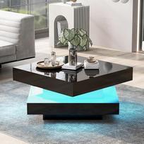 "Merax" LED kvadratinis kavos staliukas Blizgus baltas svetainės staliukas, pasukamas 360° kampu su USB šviesos juosta Šiuolaikinis sofos staliukas Techno stiliaus staliukas 70 x 70 x 36 cm