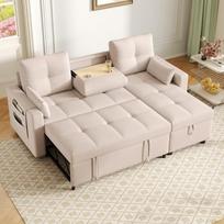 "Merax" sofa lova su miego funkcija, modulinė L formos sofa, išskleidžiama sofa lova su laikymo vieta ir gėrimų laikikliu, lanksti, skirta svetainei, 3-4 žmonėms, smėlio spalvos