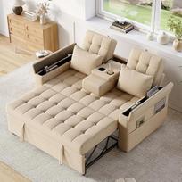 "Merax" sofa-lova 2 vietų sofa su miego funkcija, moderni sulankstoma sofa-lova 3-in-1 su reguliuojamu atlošu, atramomis rankoms, laikymo skyriais, gėrimų laikikliu ir šoninėmis kišenėmis, smėlio spalvos