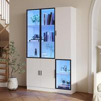"Merax" stiklinė vitrina su LED lemputėmis, moderni knygų spinta, stovinti vitrina su 6 durimis, 10 skyrių, stiklinės durys su aliuminio rėmeliu, aukšta kolekcinė vitrina svetainei, biurui, valgomajam, balta