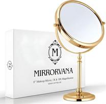 "Mirrorvana" didelis 10 kartų didinantis makiažo veidrodis ant stovo miegamajam ir vonios kambariui, klasikinis laisvai pastatomas apvalus stalinis veidrodis su dvipusiu 10X/1X didinimu, 38 cm aukščio ir 20 cm pločio (auksinis)