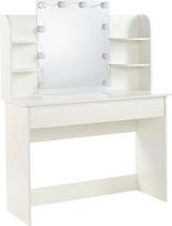 "MMT Furniture" 90 cm LED tualetinis staliukas su veidrodžiu - modernus baltas tualetinis staliukas su 2 stalčiais, reguliuojamu apšvietimu ir kabelių organizatoriumi