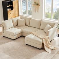 "Muskel" modulinė kampinė 5 vietų sofa su išskleidžiama koja, 220 cm L/U formos gyvenamasis kraštovaizdis iš medvilninio lino, modernaus dryžuoto dizaino minkštieji baldai, išskleidžiama, skirta svetainei