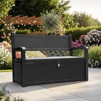 "Olsen & Smith" 265 litrų sodo suoliukas, atsparus oro sąlygoms, su saugykla "Chest Bench", užrakinama saugojimo dėžė Plastikinė saugykla, atspari oro sąlygoms, atspari vandeniui, skirta įrankiams, žaislams, antklodėms ir kt., juoda