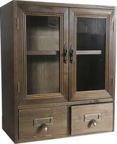 "Rosetta Mini Countertop", "Country Vintage Locker" sieninė medinė spintelė su permatomomis durelėmis, maisto laikymo vieta, 2 apatiniai stalčiai, vaistinėlės spintelė, vitrina, deginta