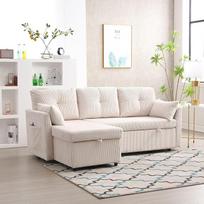 "Soweiz" daugiafunkcinė sofa-lova su ištraukiama lova, sofa-lova su keičiamu šezlongu, sofos komplektas su laikymo vieta, L formos sofa, kampinis svetainės sofos komplektas (smėlio spalvos)
