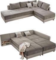 "Spring Core" kampinė sofa 307 x 223 cm, dvigulės lovos miego funkcija, šalto putplasčio viršus, lovos dėžė, L formos sofa, pasukama osmanų dėžė kairėje, užvalkalas pilkai rudas (mikropluoštas), korpusas smėlio spalvos (dirbtinė oda) / 15101