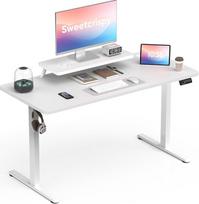"Sweetcrispy" reguliuojamo aukščio stalas su monitoriaus stovu, 140 x 60 cm stalas, reguliuojamo aukščio, elektrinis, ergonomiškas stovimas stalas, kompiuterio stalas, baltos spalvos