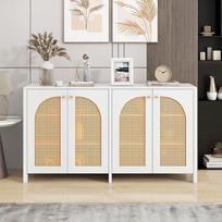 "Sweiko" minimalistinis modernus bufetas su 4 rotango durelėmis, spintelė su metalinėmis rankenėlėmis, minimalistinis bufetas valgomajam, svetainei ir virtuvei (baltas)